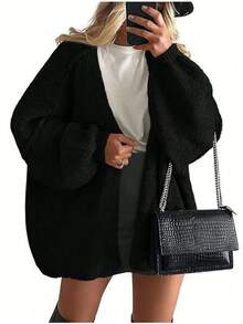 Zavelis™ Gilet Oversize en Maille Ouvert sur le Devant - Noir