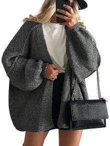Zavelis™ Gilet Oversize en Maille Ouvert sur le Devant - Gris foncé