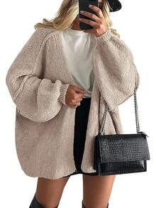 Zavelis™ Gilet Oversize en Maille Ouvert sur le Devant - Kaki