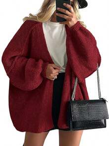 Zavelis™ Gilet Oversize en Maille Ouvert sur le Devant - Bordeaux