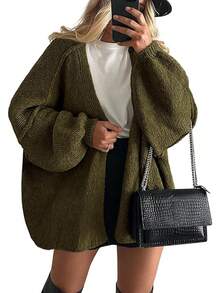 Zavelis™ Gilet Oversize en Maille Ouvert sur le Devant - Vert foncé