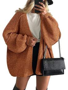 Zavelis™ Gilet Oversize en Maille Ouvert sur le Devant - Orange corail