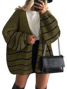 Zavelis™ Gilet Oversize en Maille Ouvert sur le Devant - Rayé vert