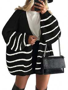 Zavelis™ Gilet Oversize en Maille Ouvert sur le Devant - Rayé noir