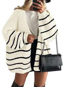 Zavelis™ Gilet Oversize en Maille Ouvert sur le Devant - Rayé blanc
