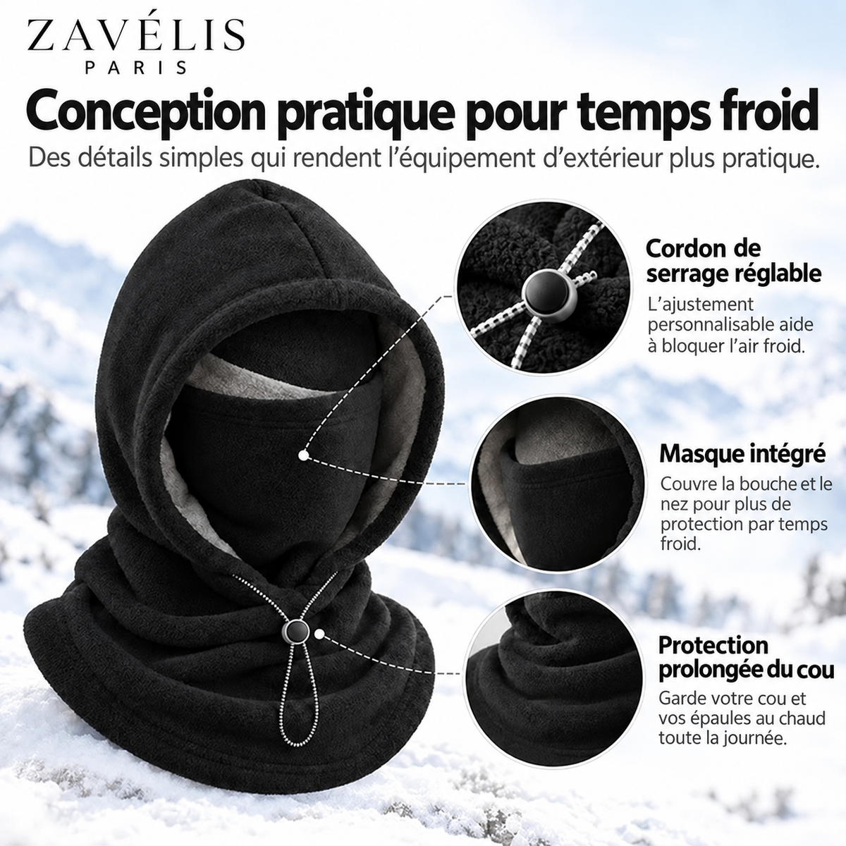 Zavelis™ Cagoule d’Hiver Doublée Polaire avec Cache-Visage Intégré