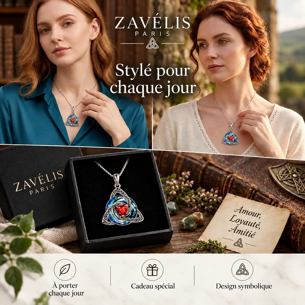 Zavelis™ Collier Nœud Celtique de la Trinité avec Pierre de Naissance