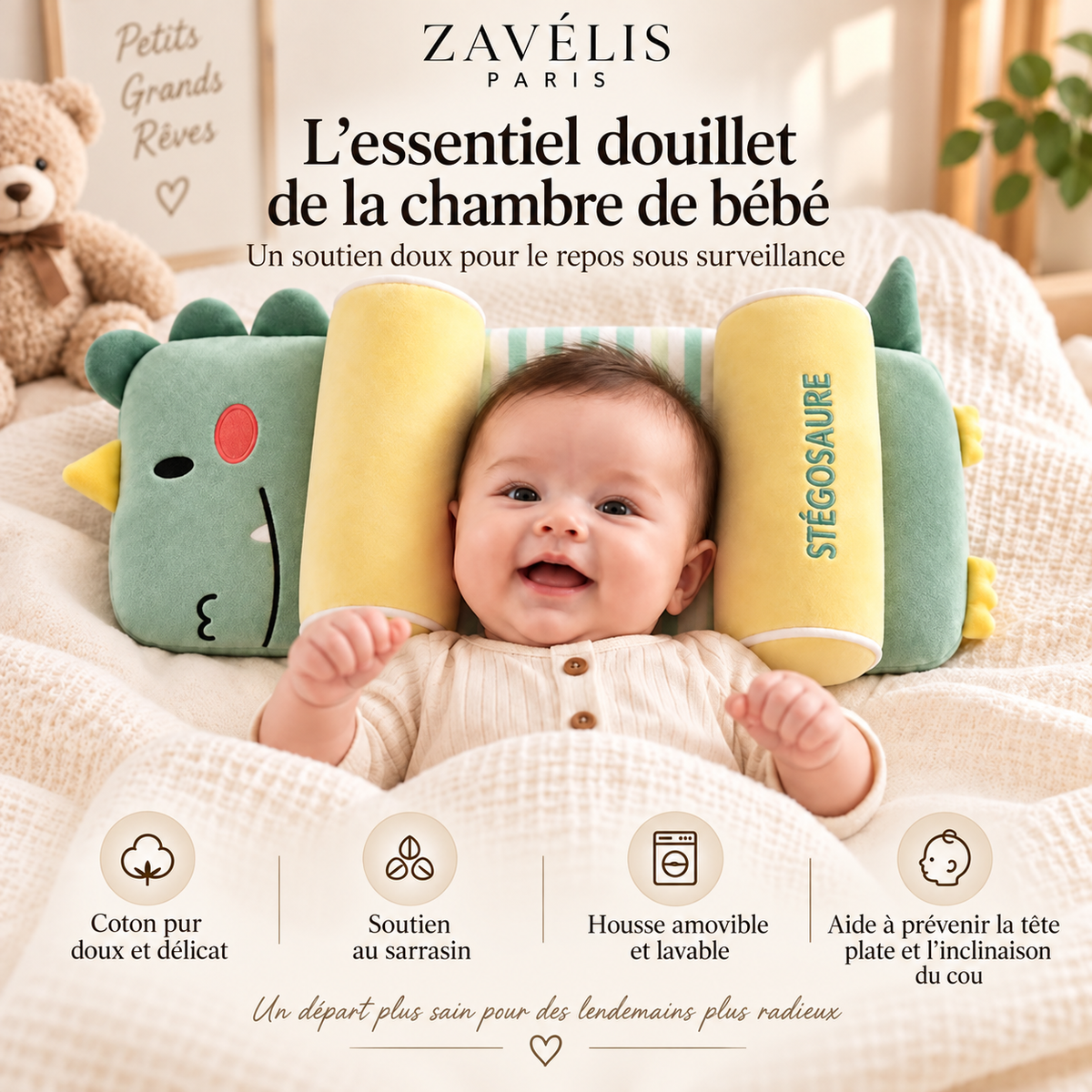 Zavelis™ Oreiller de Soutien pour la Tête de Bébé – Coton & Sarrasin