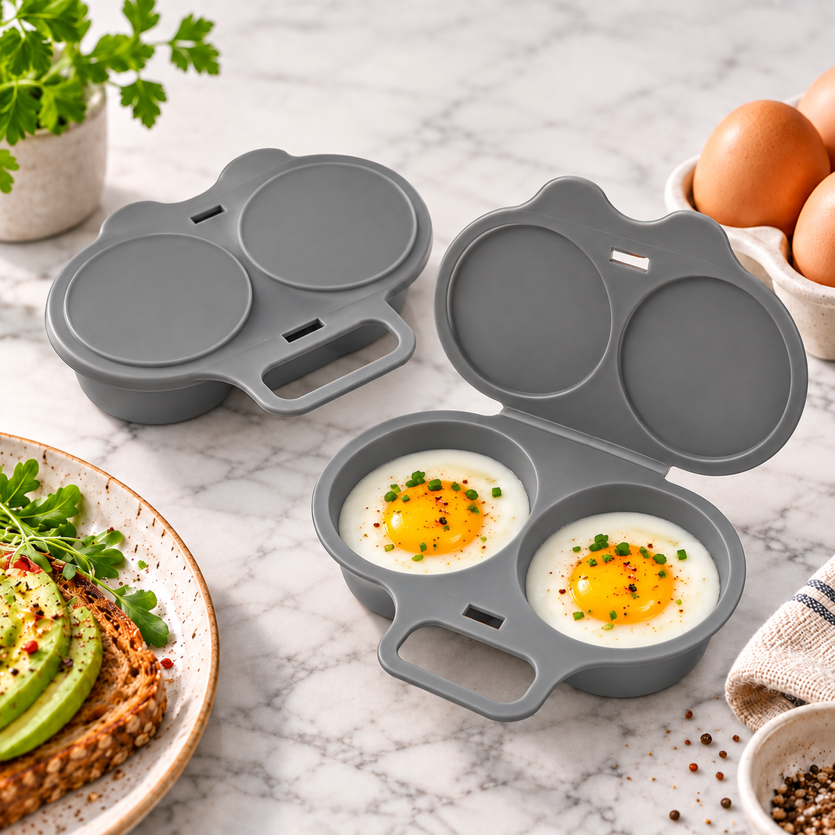 Zavelis™ Cuiseur à Œufs Pochés pour Micro-Ondes avec Couvercle – Gris