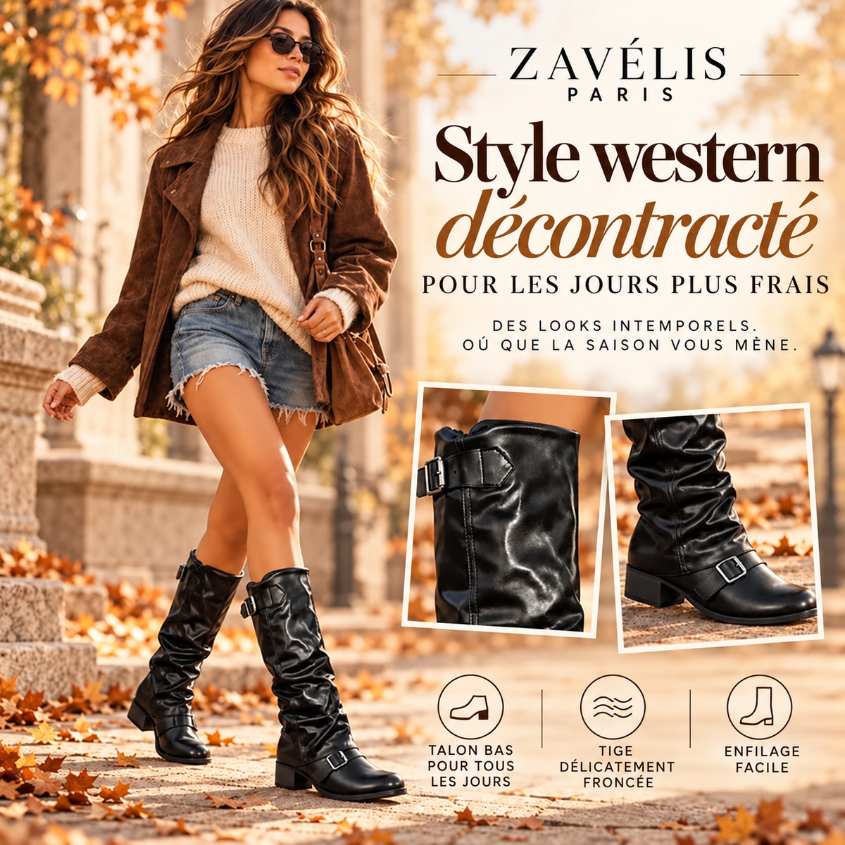 Zavelis™ Bottes Western Froncées Mi-Mollet